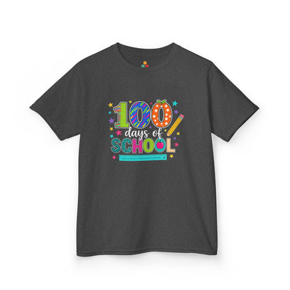 TEEZOCA charcoal gray 100 Days of School multicolor stars tee laid flat.