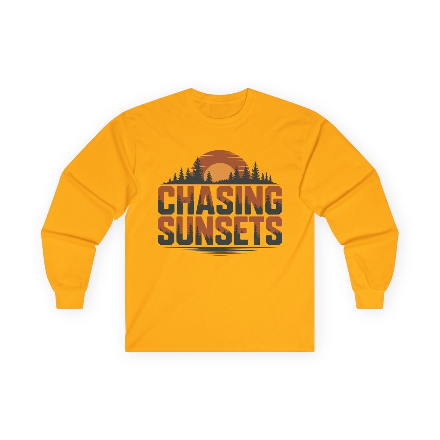 TEEZOCA chasing sunsets nature graphic unisex long-sleeve t-shirt Yellow long-sleeve shirt with 'Chasing Sunsets' graphic on a white background