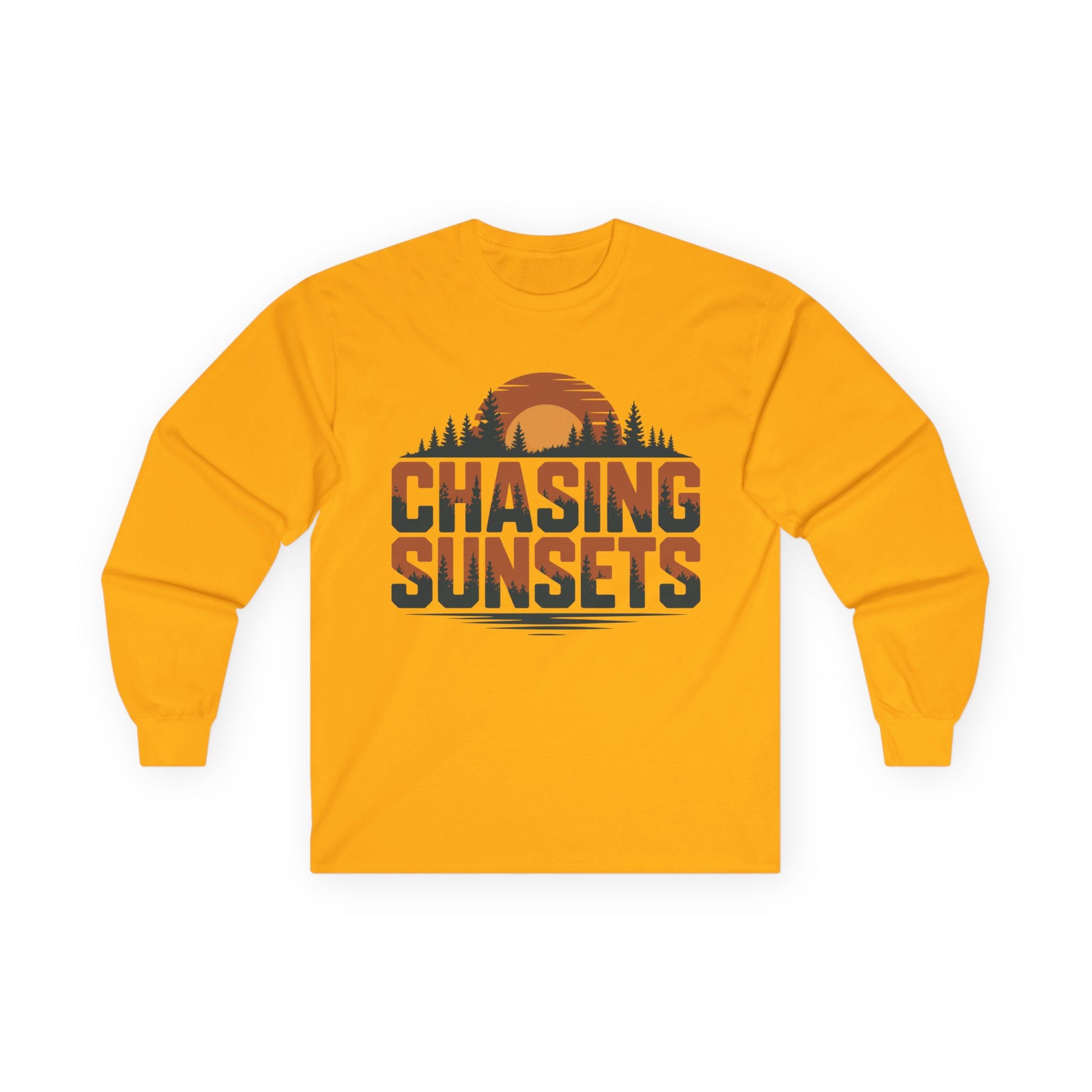 TEEZOCA chasing sunsets nature graphic unisex long-sleeve t-shirt Yellow long-sleeve shirt with 'Chasing Sunsets' graphic on a white background
