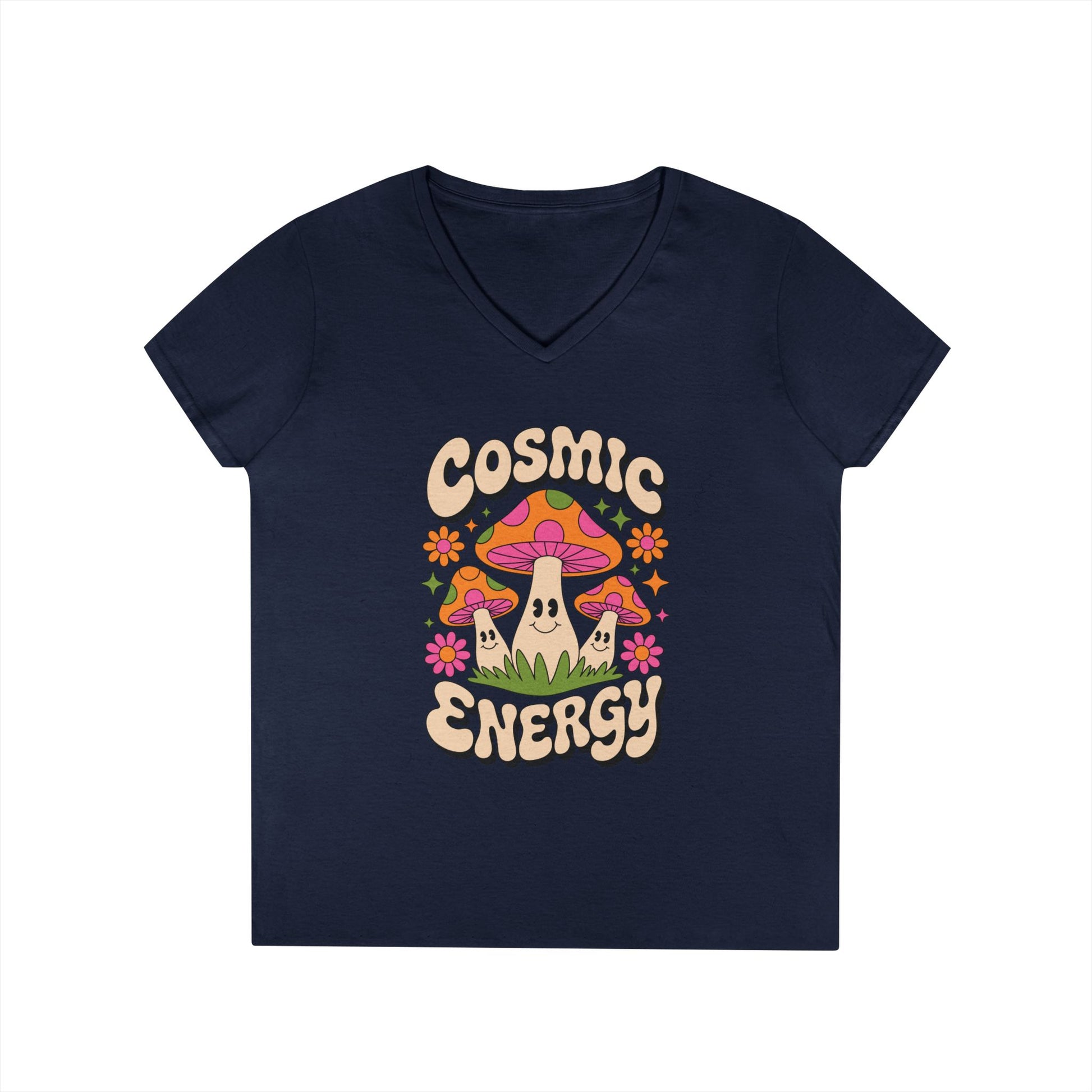Cosmic Energy Happy Mushroom Graphic V-Neck T-Shirt for Women | TEEZOCA 