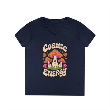 Cosmic Energy Happy Mushroom Graphic V-Neck T-Shirt for Women | TEEZOCA 