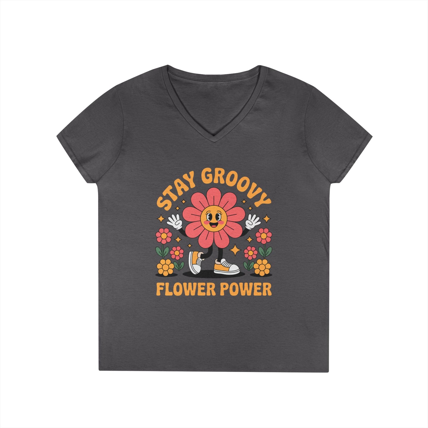 Stay Groovy Flower Power Retro V-Neck T-Shirt for Women Style | TEEZOCA 