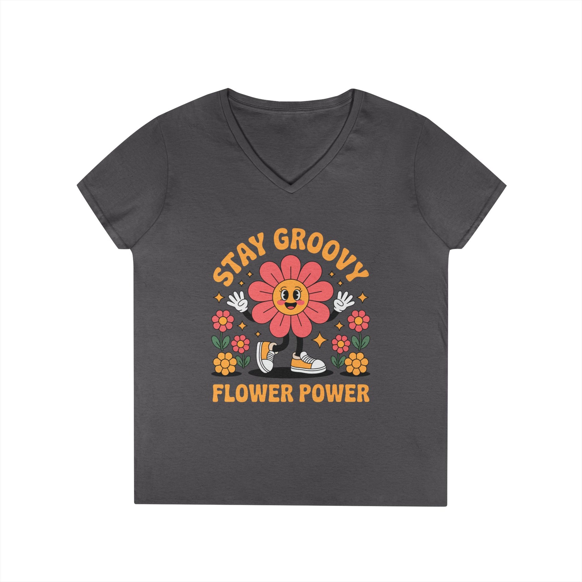 Stay Groovy Flower Power Retro V-Neck T-Shirt for Women Style | TEEZOCA 