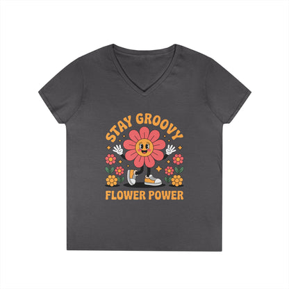 Stay Groovy Flower Power Retro V-Neck T-Shirt for Women Style | TEEZOCA 