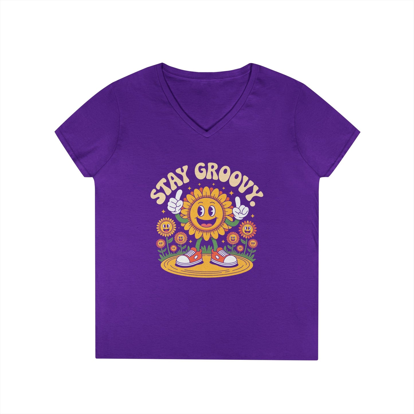 Stay Groovy Smiling Sunflower Graphic V-Neck T-Shirt for Women | TEEZOCA 