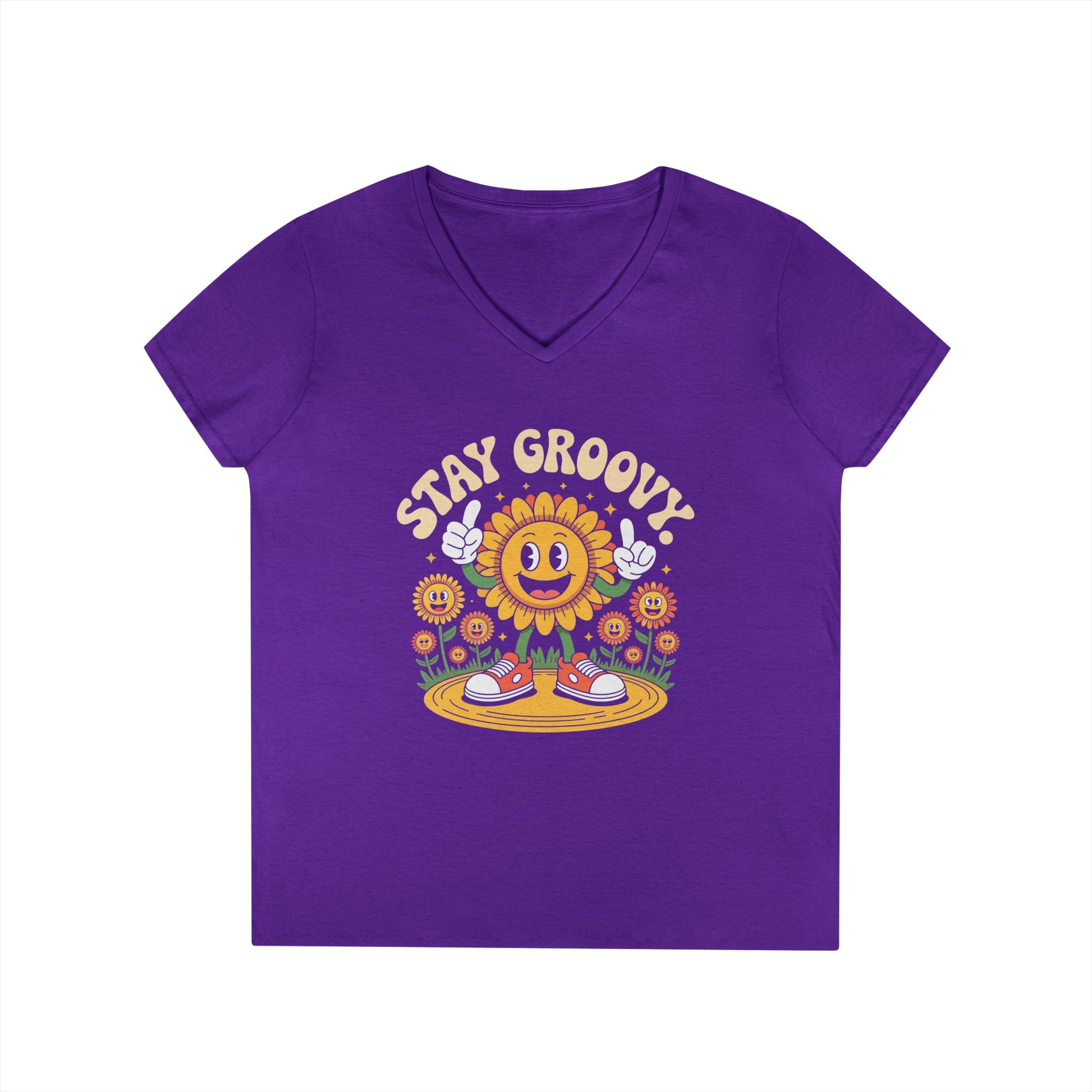 Stay Groovy Smiling Sunflower Graphic V-Neck T-Shirt for Women | TEEZOCA 