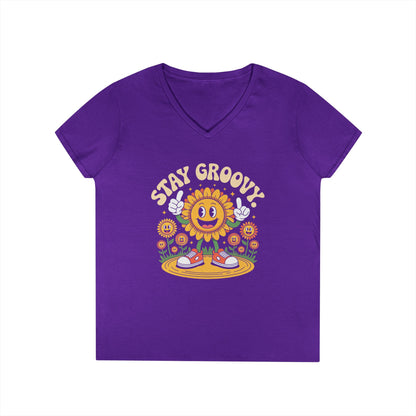 Stay Groovy Smiling Sunflower Graphic V-Neck T-Shirt for Women | TEEZOCA 