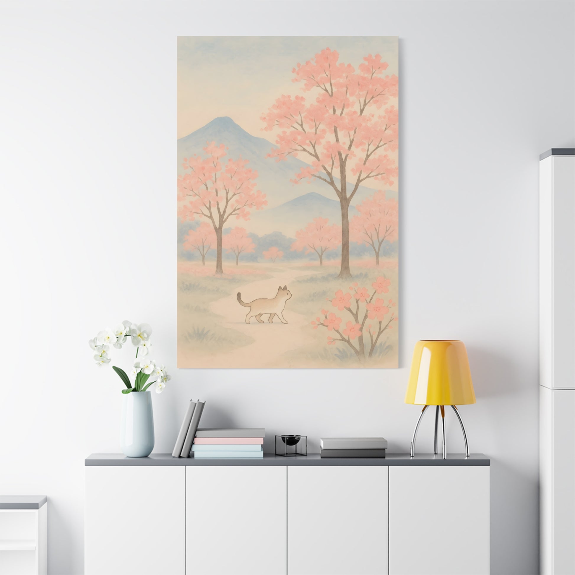 TEEZOCA cherry blossom landscape canvas displayed over a modern sofa with neutral pillows.