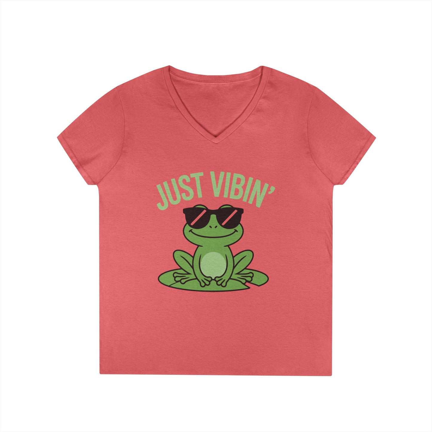 Just Vibin’ Frog Chill Graphic V-Neck T-Shirt for Women | TEEZOCA 