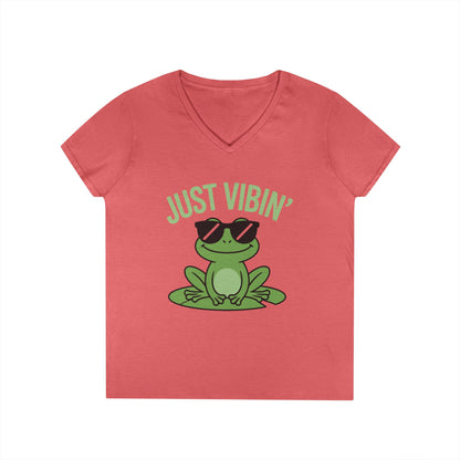 Just Vibin’ Frog Chill Graphic V-Neck T-Shirt for Women | TEEZOCA 