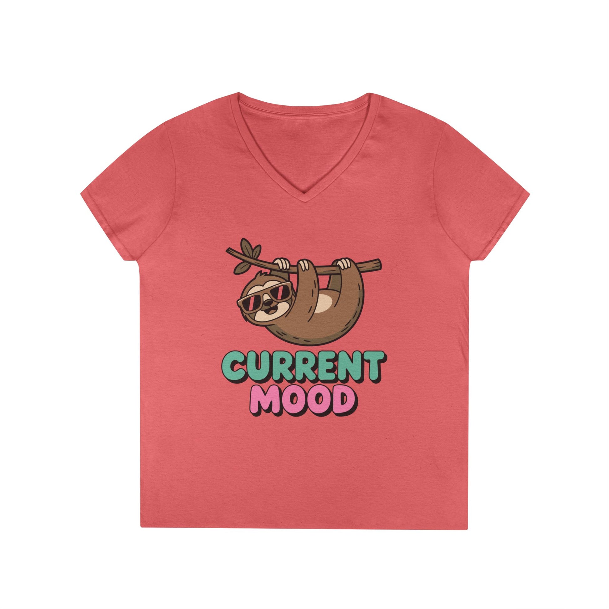Cute Sloth Graphic V-Neck T-Shirt for Women with Chill Current Mood Vibes | TEEZOCA 