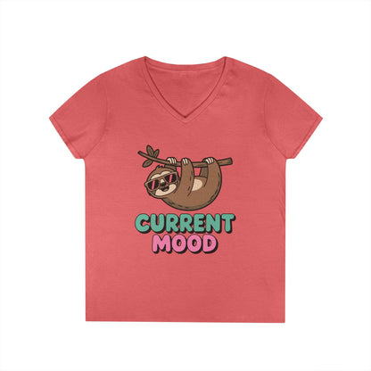 Cute Sloth Graphic V-Neck T-Shirt for Women with Chill Current Mood Vibes | TEEZOCA 