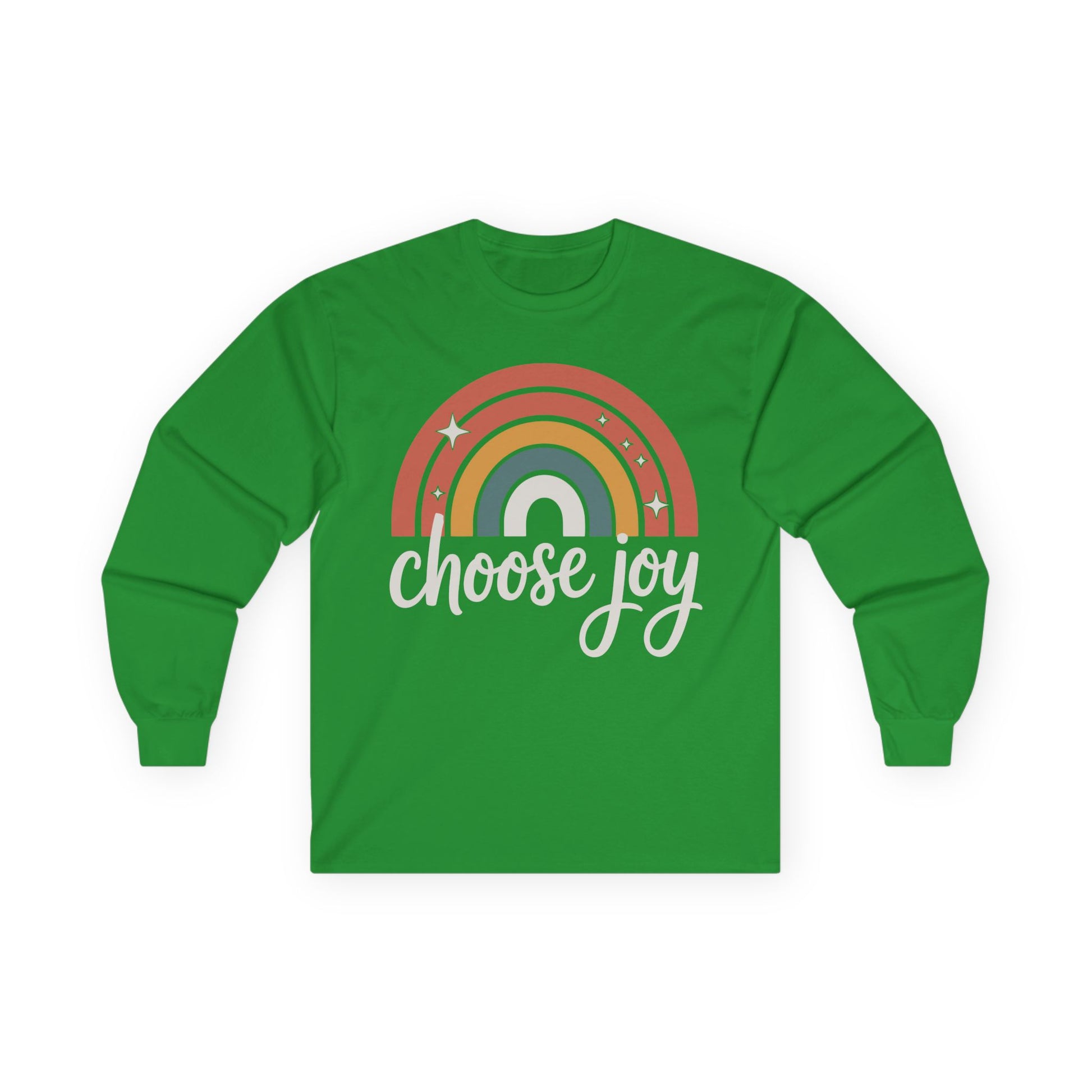 TEEZOCA choose joy lettering with rainbow graphic on unisex long-sleeve t-shirt Green long-sleeve shirt with rainbow design and 'choose joy' text on a white background