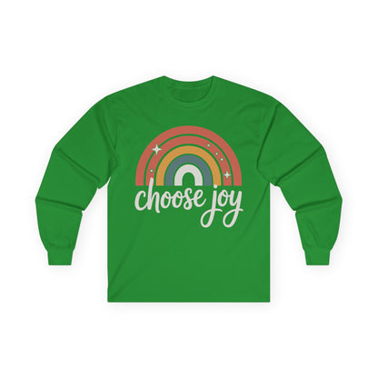 TEEZOCA choose joy lettering with rainbow graphic on unisex long-sleeve t-shirt Green long-sleeve shirt with rainbow design and 'choose joy' text on a white background