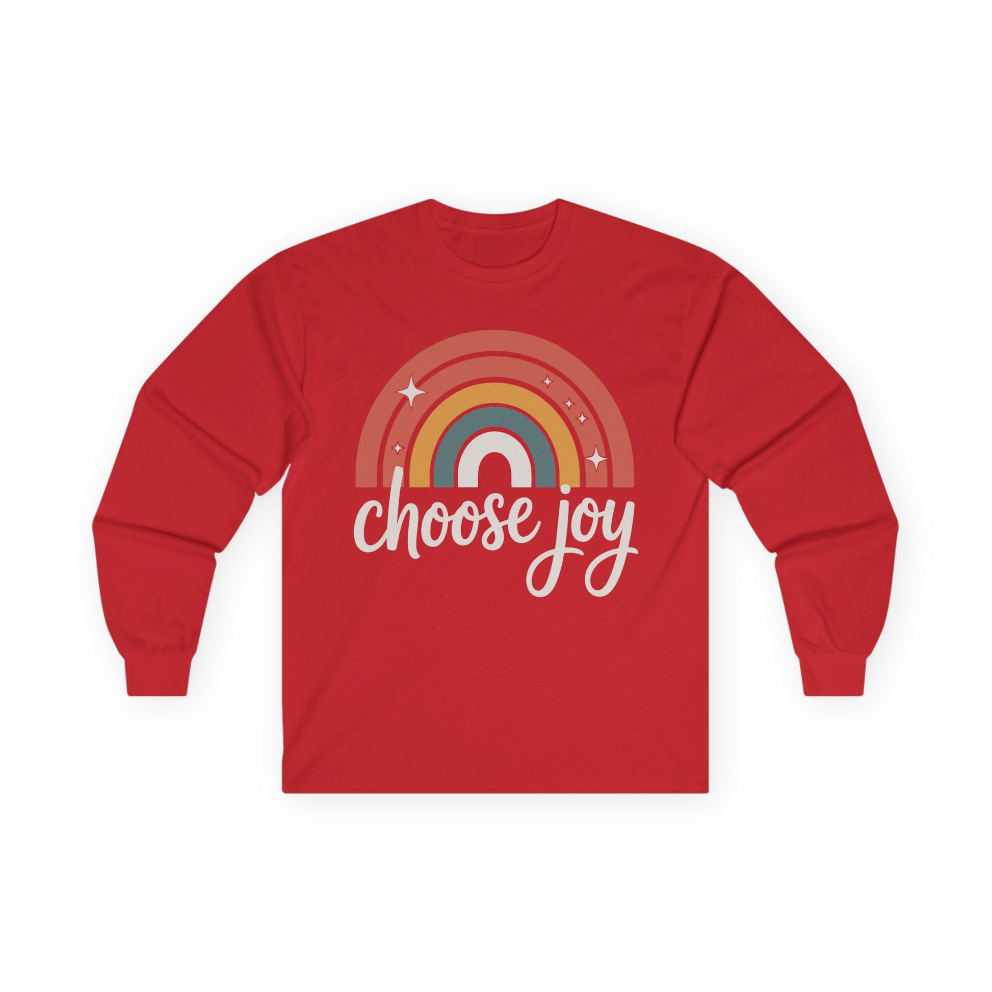 TEEZOCA choose joy lettering with rainbow graphic on unisex long-sleeve t-shirt Red long-sleeve shirt with rainbow and 'choose joy' text on a white background