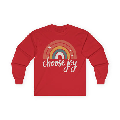 TEEZOCA choose joy lettering with rainbow graphic on unisex long-sleeve t-shirt Red long-sleeve shirt with rainbow and 'choose joy' text on a white background