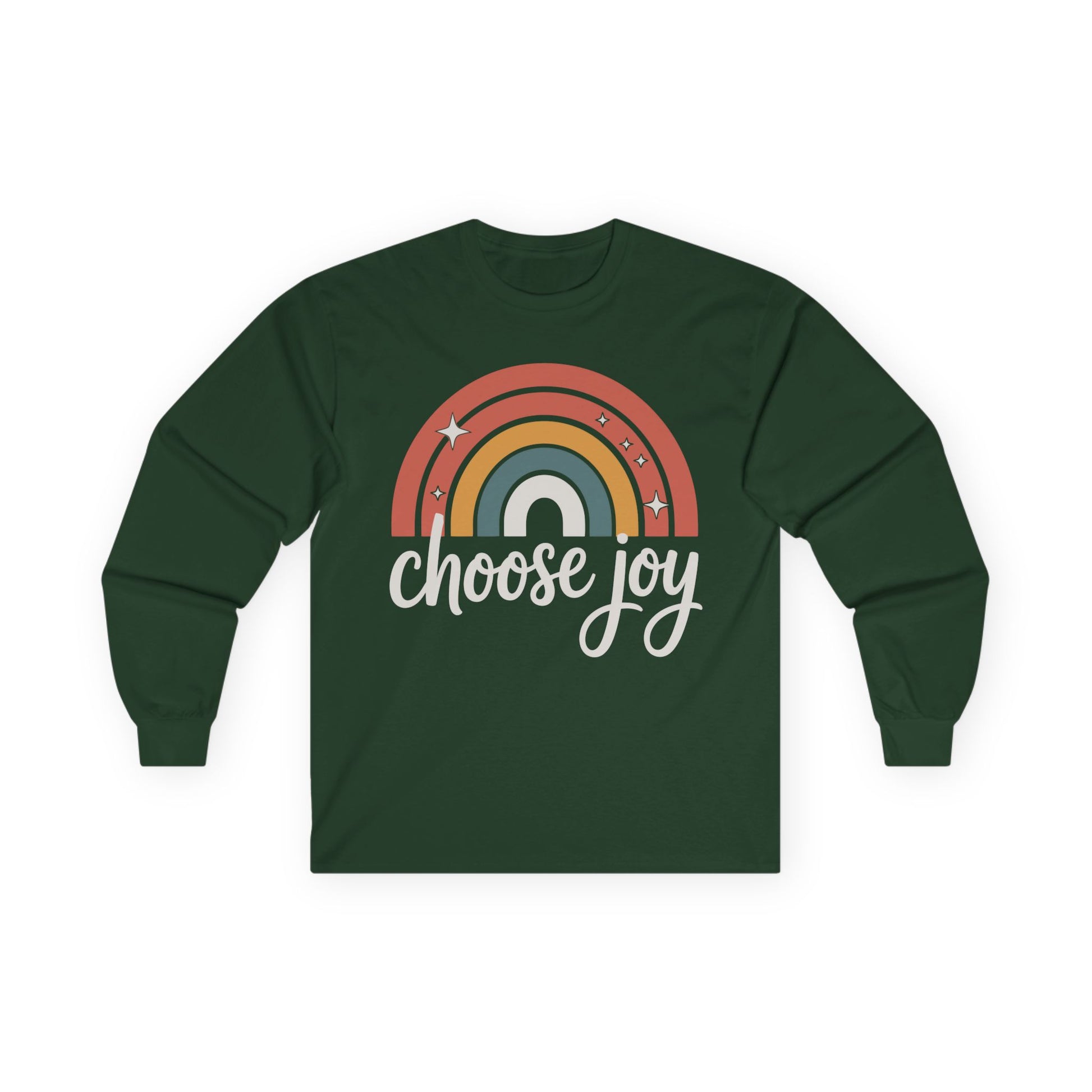 TEEZOCA choose joy rainbow artwork on unisex long-sleeve t-shirt Green long-sleeve shirt with rainbow design and 'choose joy' text on a white background