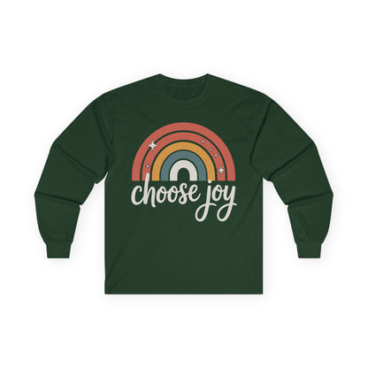 TEEZOCA choose joy rainbow artwork on unisex long-sleeve t-shirt Green long-sleeve shirt with rainbow design and 'choose joy' text on a white background