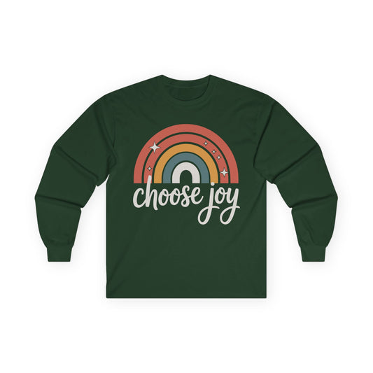 TEEZOCA choose joy rainbow artwork on unisex long-sleeve t-shirt Green long-sleeve shirt with rainbow design and 'choose joy' text on a white background