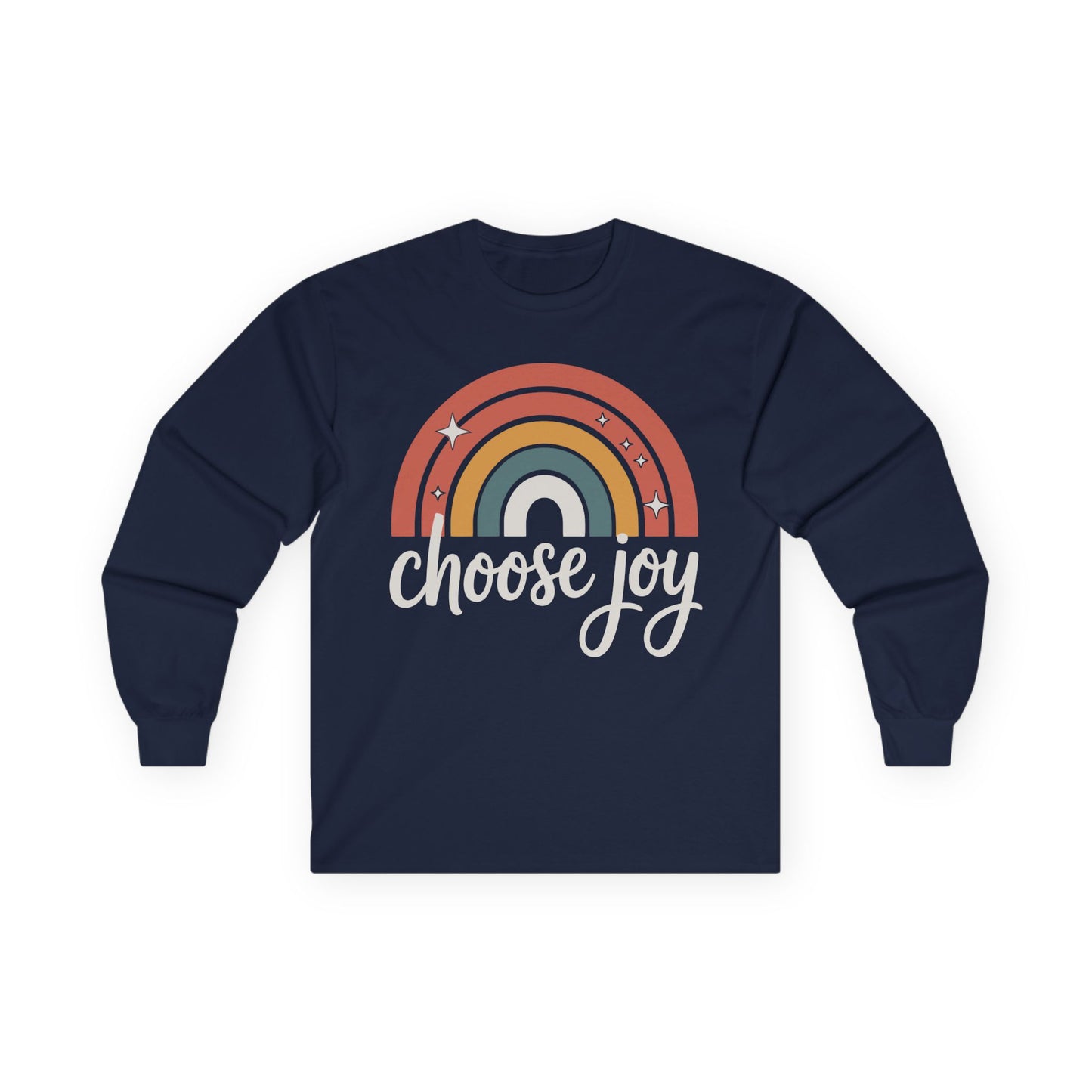 TEEZOCA choose joy rainbow artwork on unisex long-sleeve t-shirt Navy blue long-sleeve shirt with rainbow design and 'choose joy' text on a white background