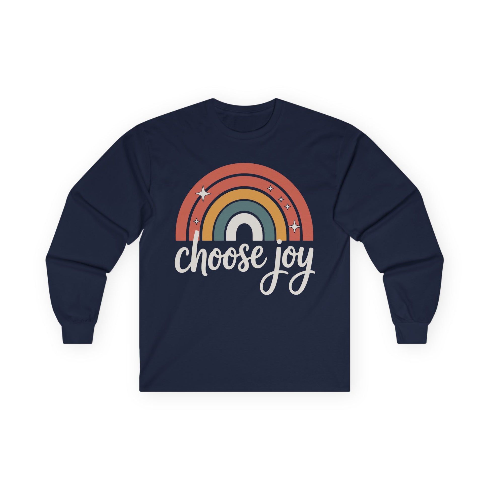 TEEZOCA choose joy rainbow artwork on unisex long-sleeve t-shirt Navy blue long-sleeve shirt with rainbow design and 'choose joy' text on a white background