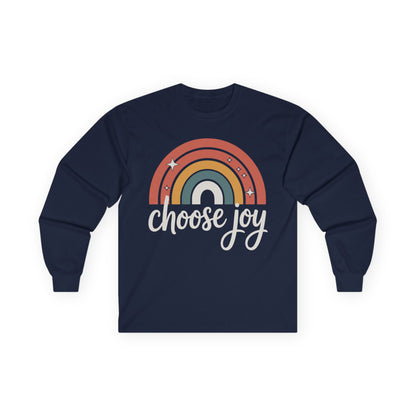 TEEZOCA choose joy rainbow artwork on unisex long-sleeve t-shirt Navy blue long-sleeve shirt with rainbow design and 'choose joy' text on a white background