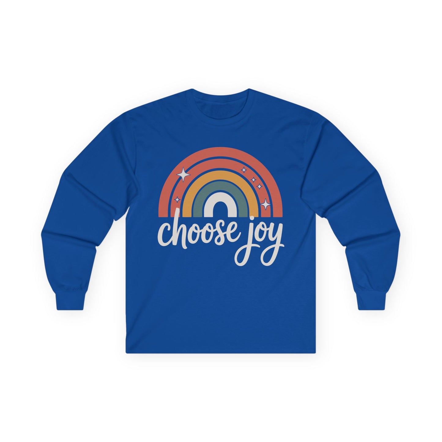 TEEZOCA choose joy retro rainbow design printed on unisex long-sleeve t-shirt Blue long-sleeve shirt with rainbow design and 'choose joy' text on a white background