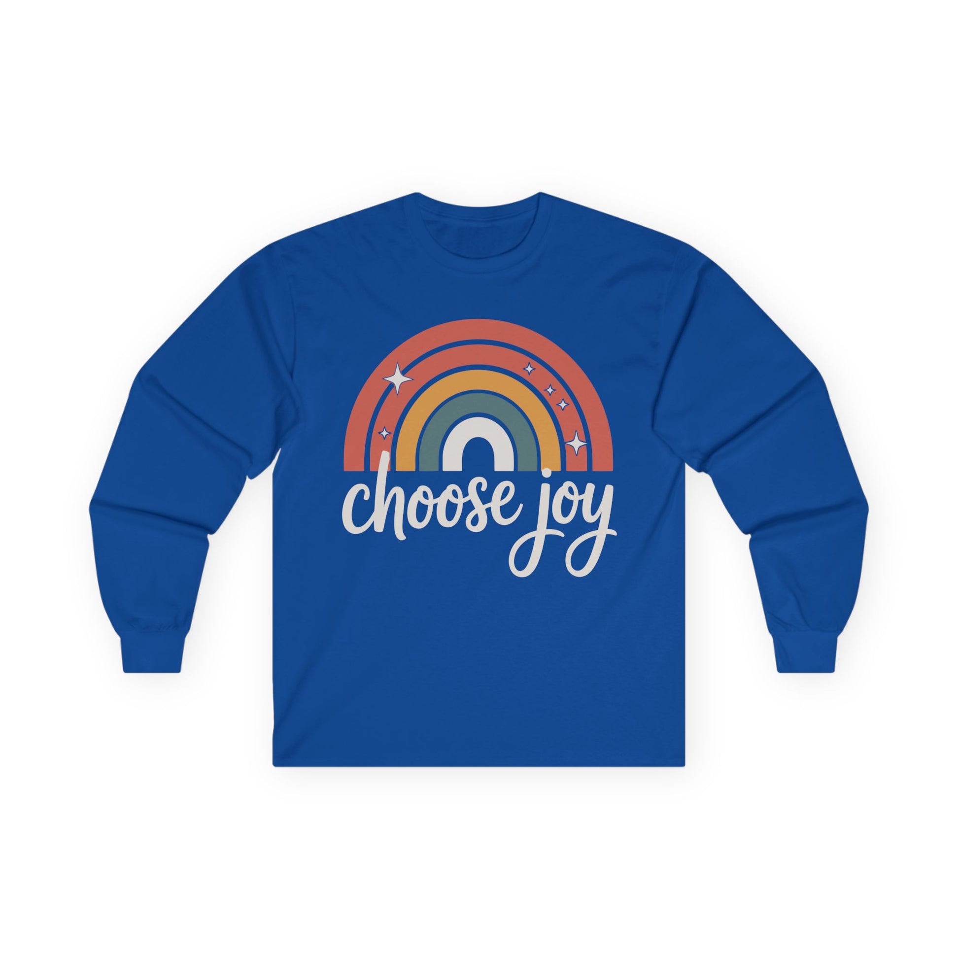 TEEZOCA choose joy retro rainbow design printed on unisex long-sleeve t-shirt Blue long-sleeve shirt with rainbow design and 'choose joy' text on a white background