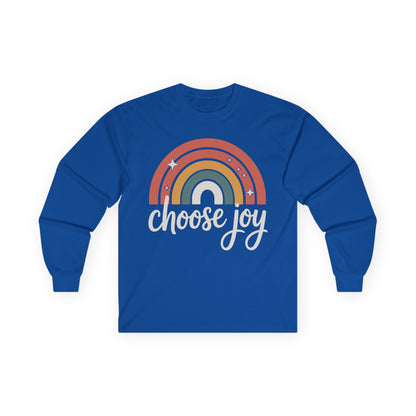 TEEZOCA choose joy retro rainbow design printed on unisex long-sleeve t-shirt Blue long-sleeve shirt with rainbow design and 'choose joy' text on a white background
