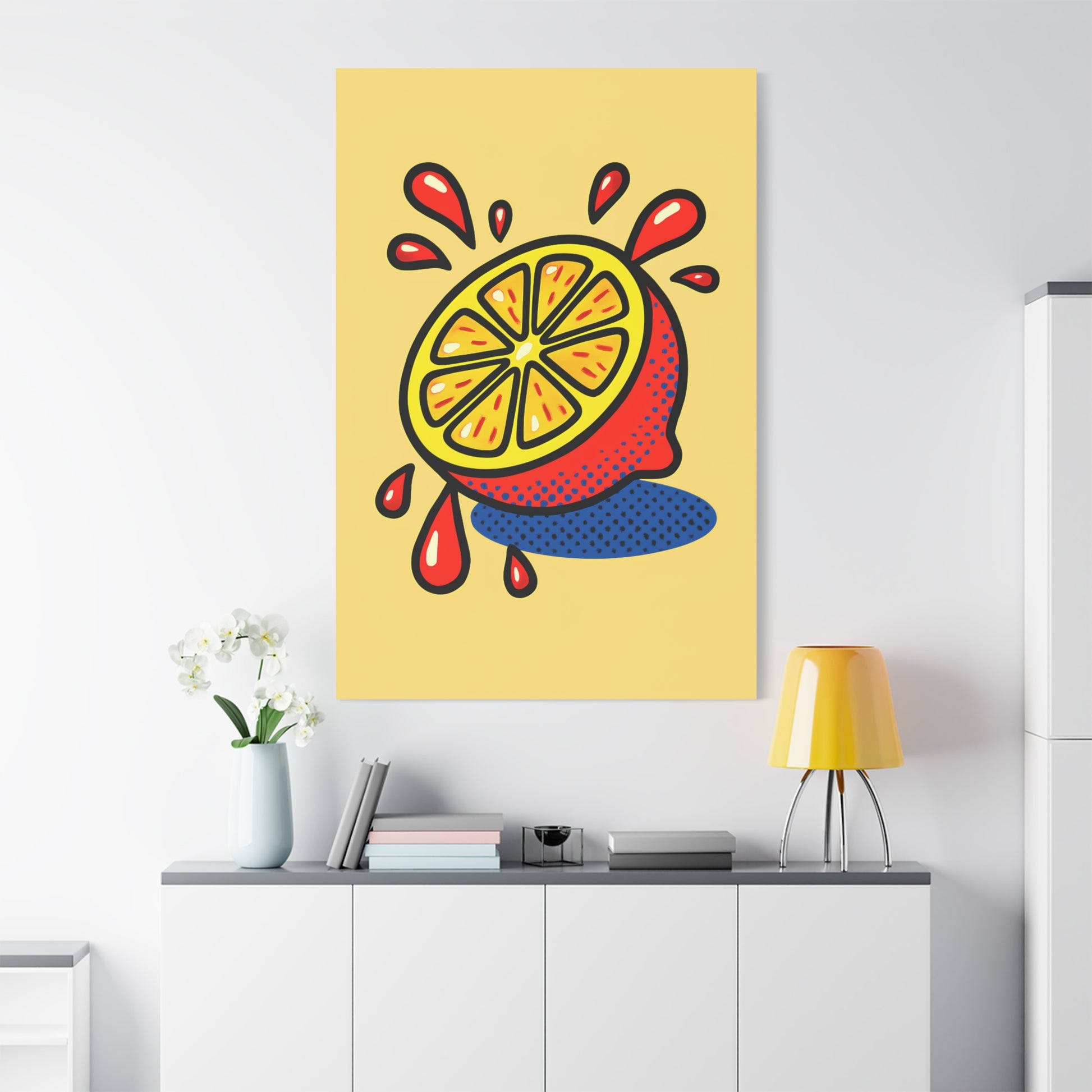 TEEZOCA citrus pop art wall art in a clean white room with plant and console.