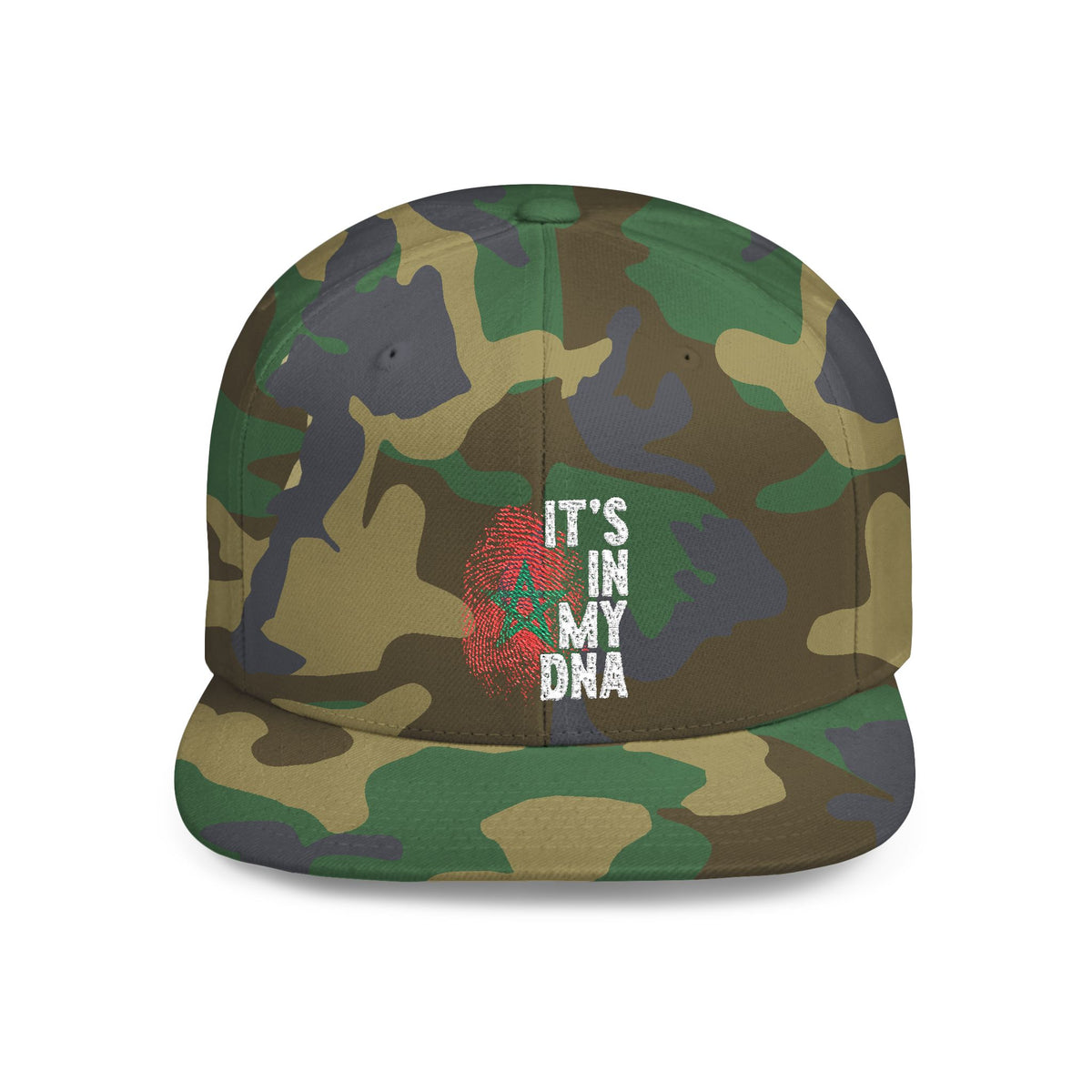 TEEZOCA classic camouflage snapback hat featuring the embroidered red and green Moroccan fingerprint.