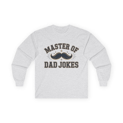 TEEZOCA classic dad humor unisex long-sleeve shirt Gray sweatshirt with 'Master of Dad Jokes' text and mustache graphic on a white background