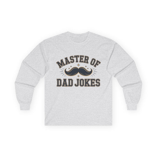 TEEZOCA classic dad humor unisex long-sleeve shirt Gray sweatshirt with 'Master of Dad Jokes' text and mustache graphic on a white background