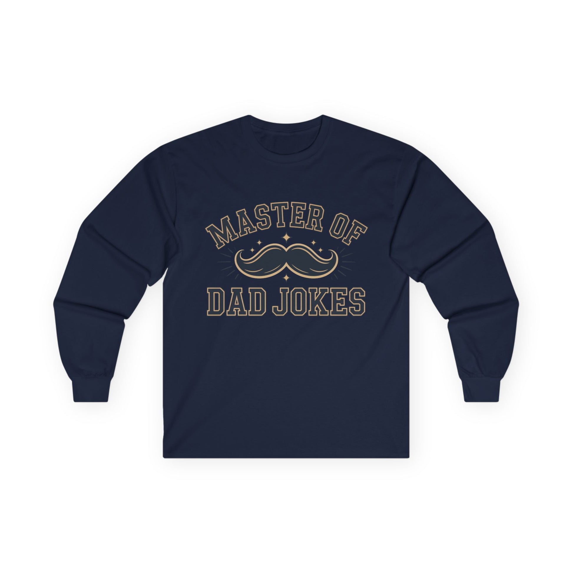 TEEZOCA classic dad humor unisex long-sleeve shirt Navy blue long-sleeve shirt with 'Master of Dad Jokes' text on a white background