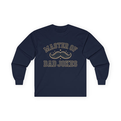 TEEZOCA classic dad humor unisex long-sleeve shirt Navy blue long-sleeve shirt with 'Master of Dad Jokes' text on a white background
