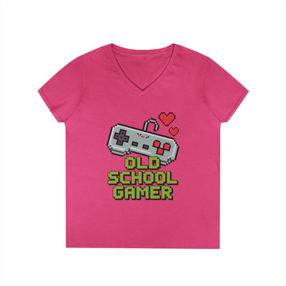 Old School Gamer Pixel Art V-Neck T-Shirt for Retro Gaming Queens | TEEZOCA 