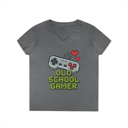 Old School Gamer Pixel Art V-Neck T-Shirt for Retro Gaming Queens | TEEZOCA 