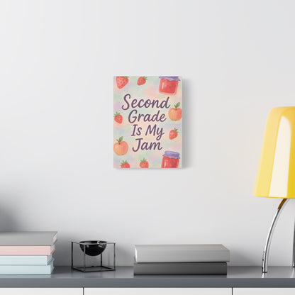 TEEZOCA “Second Grade Is My Jam” wall art in a clean white room with plant and console.