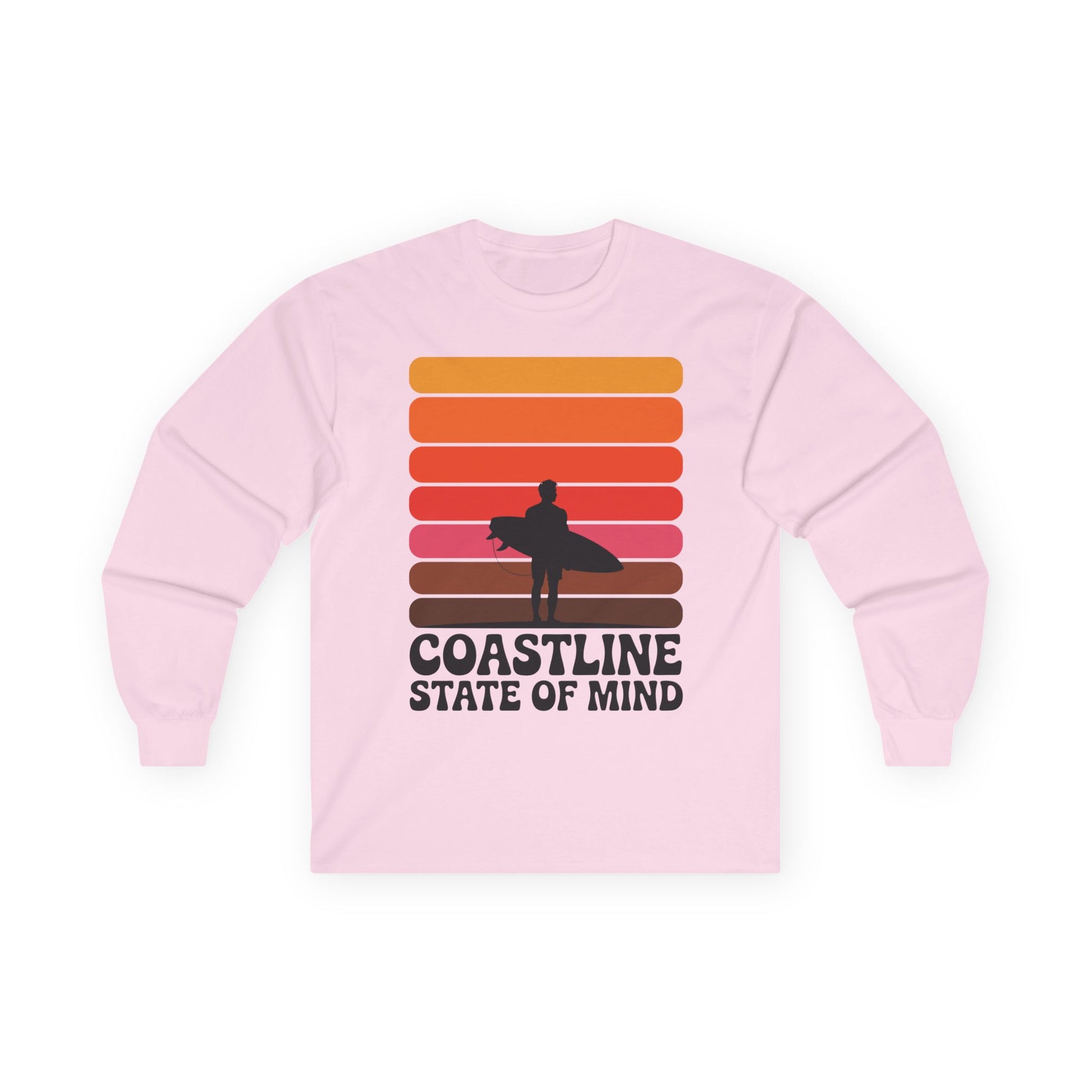 TEEZOCA coastal mindset surfer unisex long-sleeve shirt Pink sweatshirt with a graphic design and text on a white background