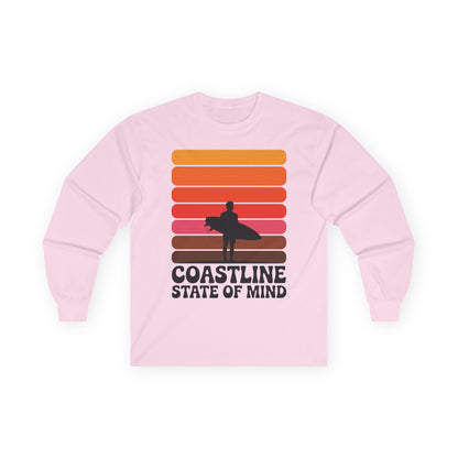 TEEZOCA coastal mindset surfer unisex long-sleeve shirt Pink sweatshirt with a graphic design and text on a white background