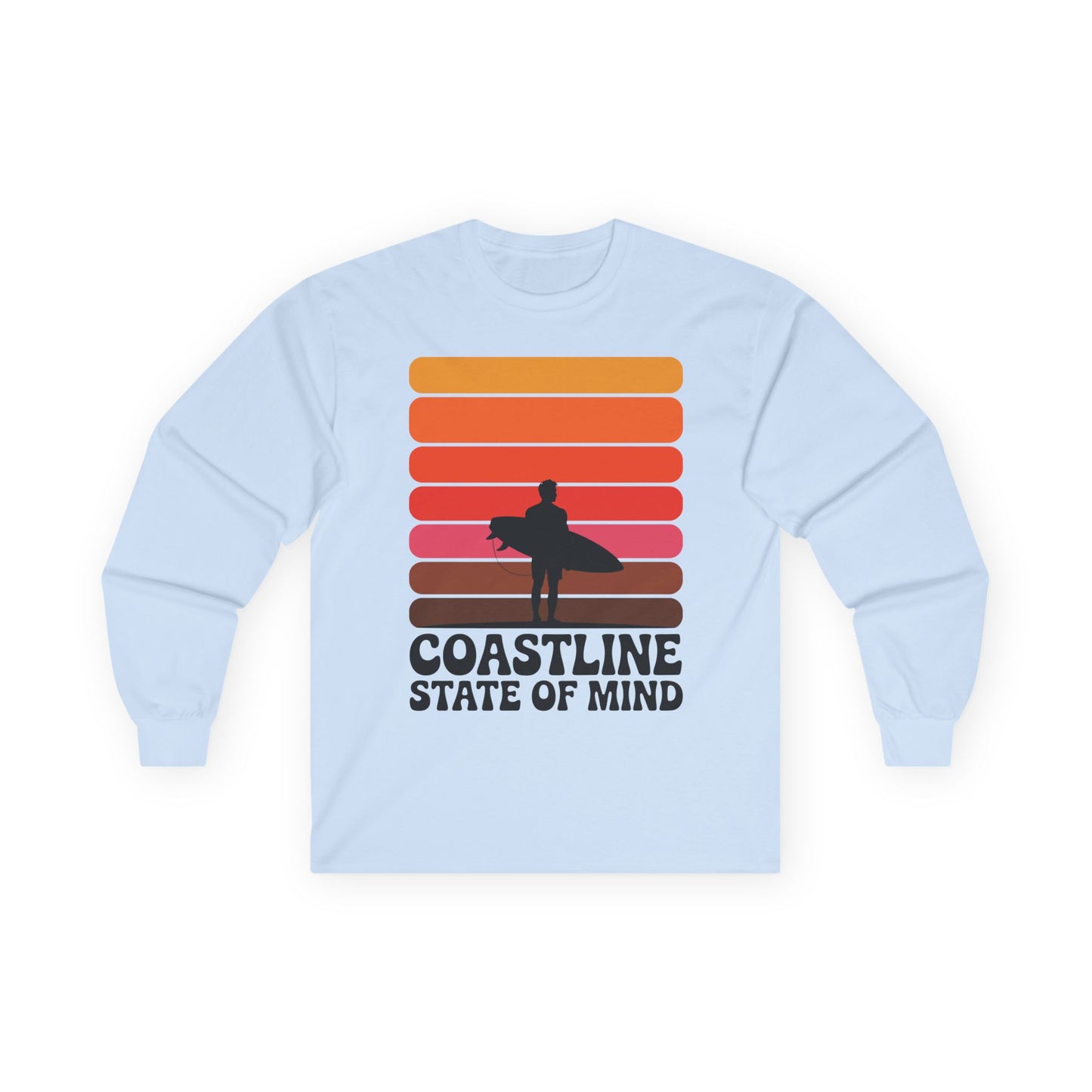 TEEZOCA coastline state of mind surf unisex long-sleeve t-shirt Light blue sweatshirt with colorful design and text 'Coastline State of Mind' on a white background
