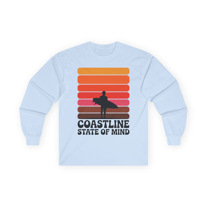 TEEZOCA coastline state of mind surf unisex long-sleeve t-shirt Light blue sweatshirt with colorful design and text 'Coastline State of Mind' on a white background
