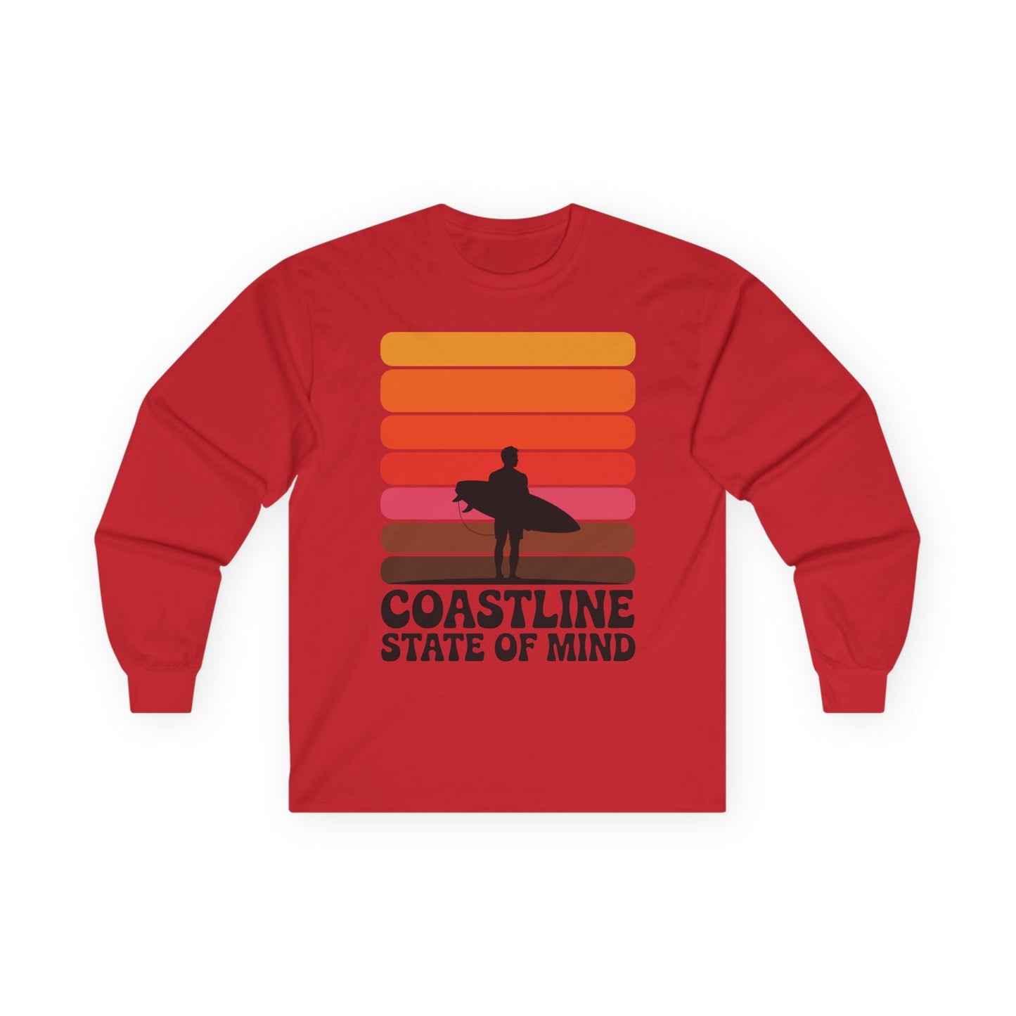 TEEZOCA coastline state of mind surf unisex long-sleeve t-shirt Red long-sleeve shirt with a graphic design of a person holding a surfboard and sunset colors, on a white background.