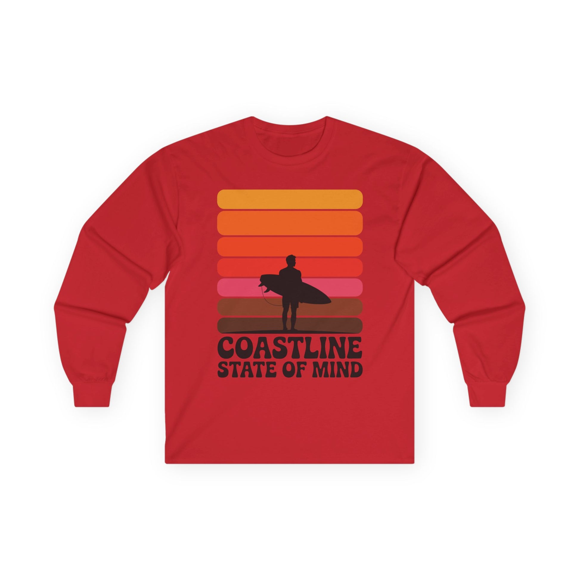TEEZOCA coastline state of mind surf unisex long-sleeve t-shirt Red long-sleeve shirt with a graphic design of a person holding a surfboard and sunset colors, on a white background.