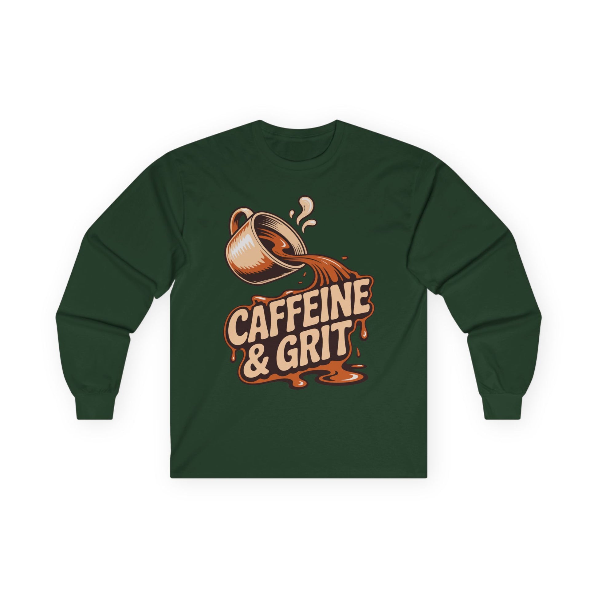 TEEZOCA coffee graphic unisex long-sleeve shirt Green long-sleeve shirt with 'Caffeine & Grit' design on a white background