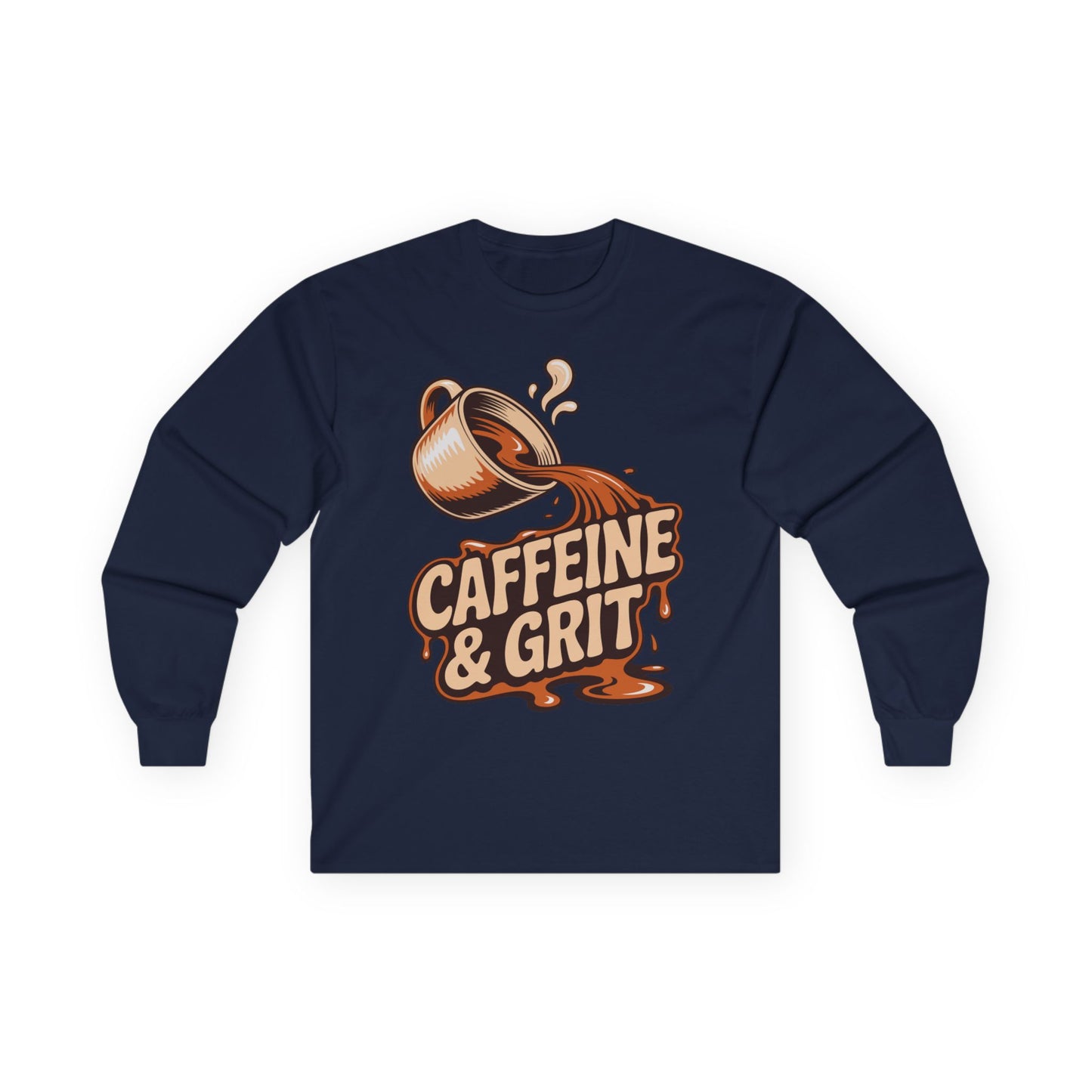 TEEZOCA coffee lover grit quote long-sleeve tee Navy blue long-sleeve shirt with a coffee cup and 'Caffeine & Grit' text design on a white background