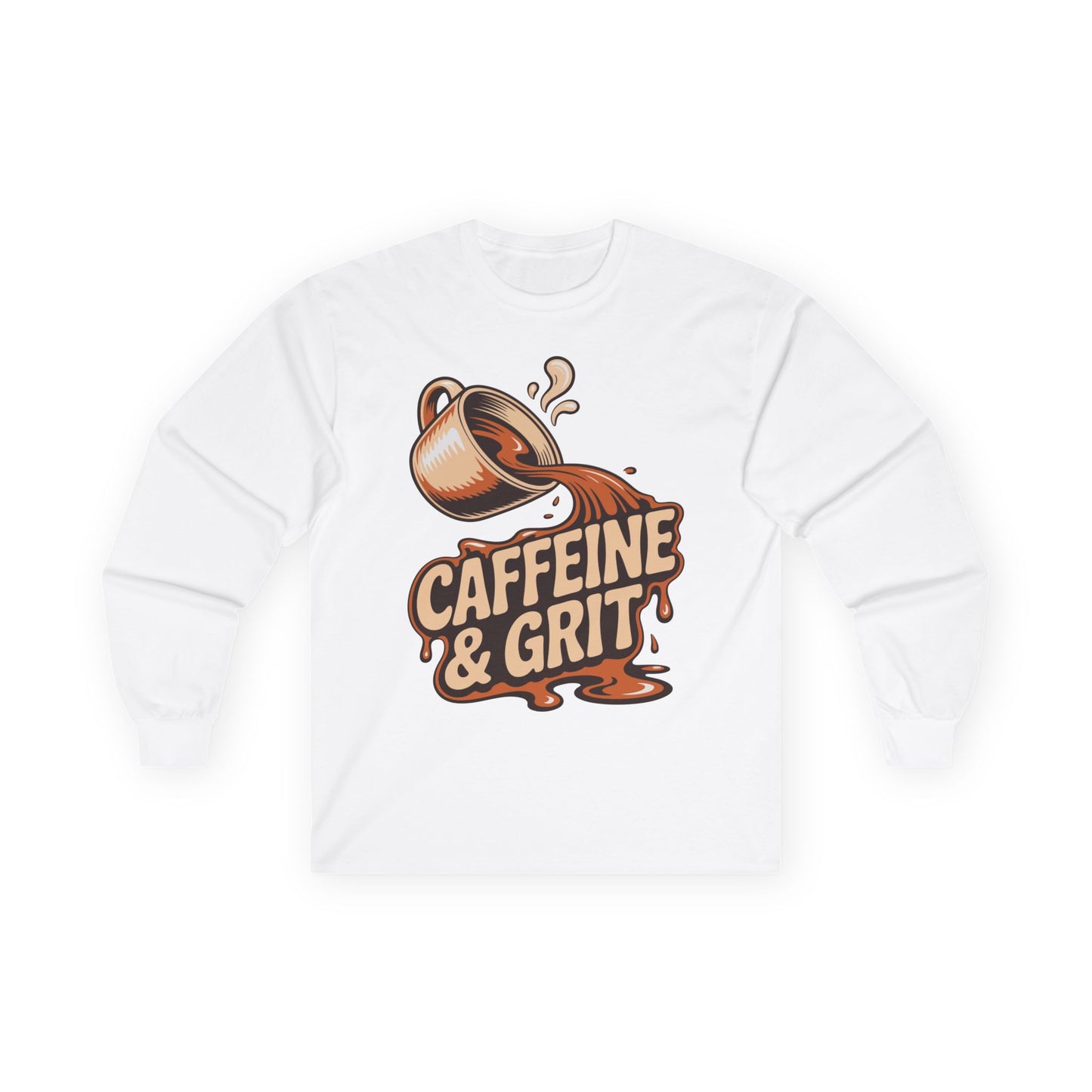 TEEZOCA coffee lover grit quote long-sleeve tee White sweatshirt with a coffee cup and 'Caffeine & Grit' text design on a white background