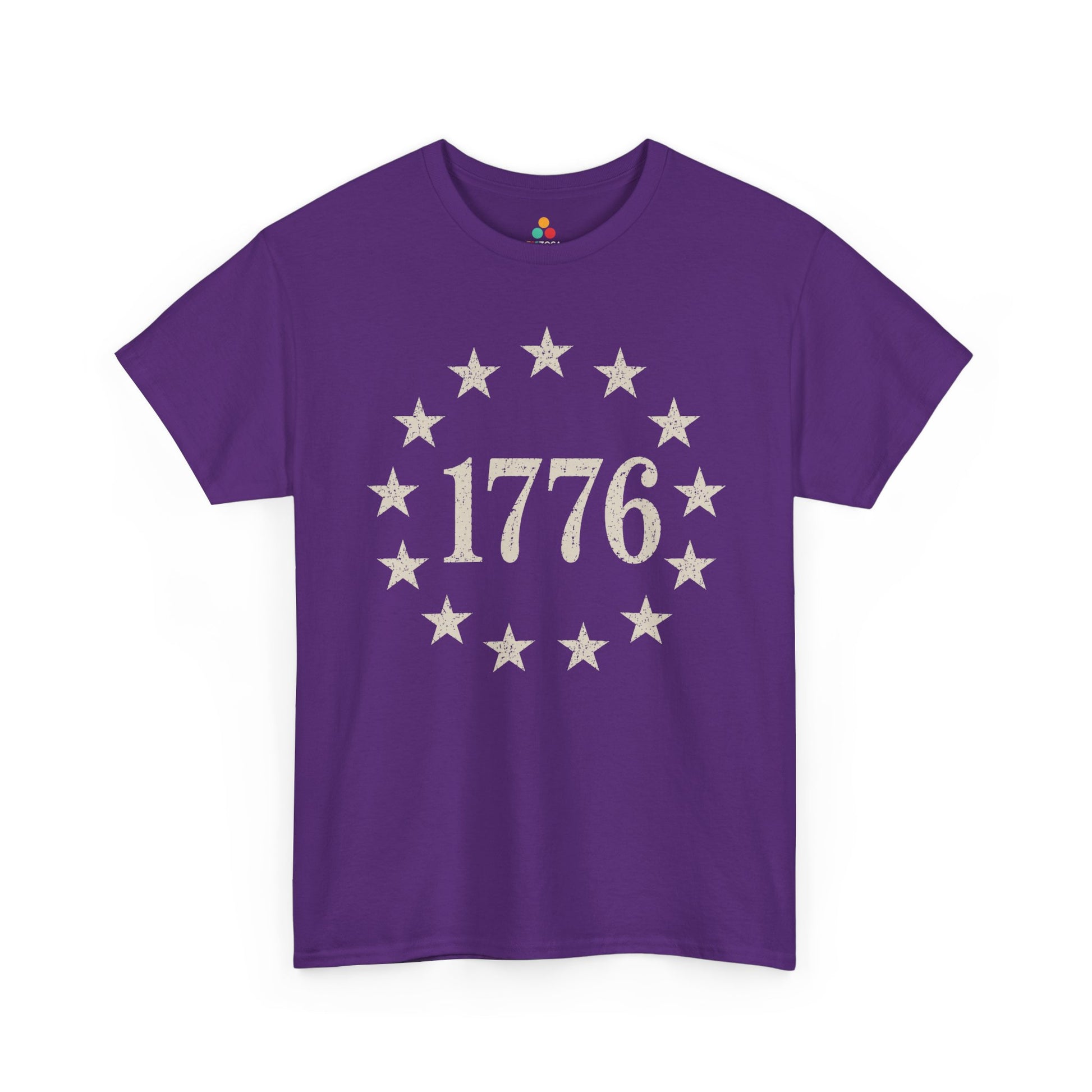 TEEZOCA colonial shirt T-shirt with 13 colonies shirt styling, distressed cream artwork, and vintage patriotic character.
