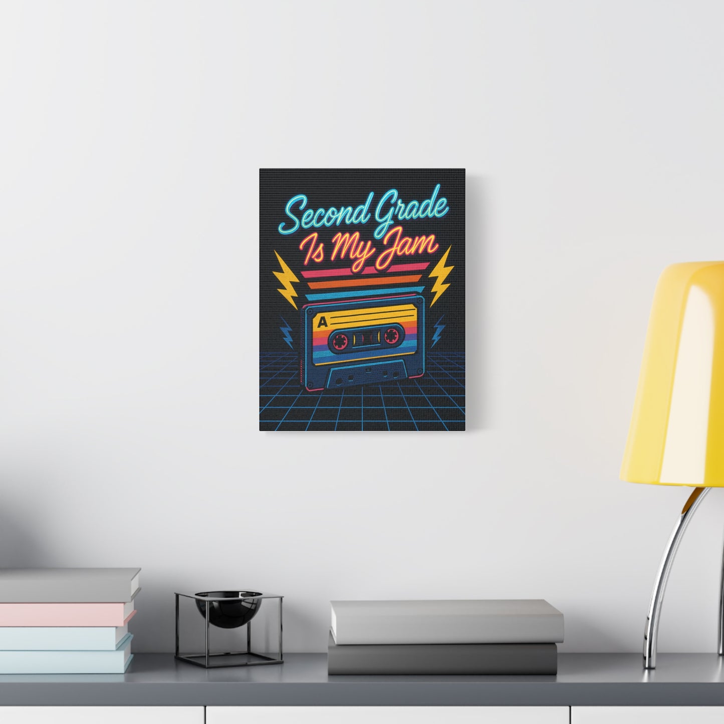 TEEZOCA colorful “Second Grade Is My Jam” canvas displayed over a low console with decor.