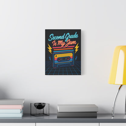 TEEZOCA colorful “Second Grade Is My Jam” canvas displayed over a low console with decor.